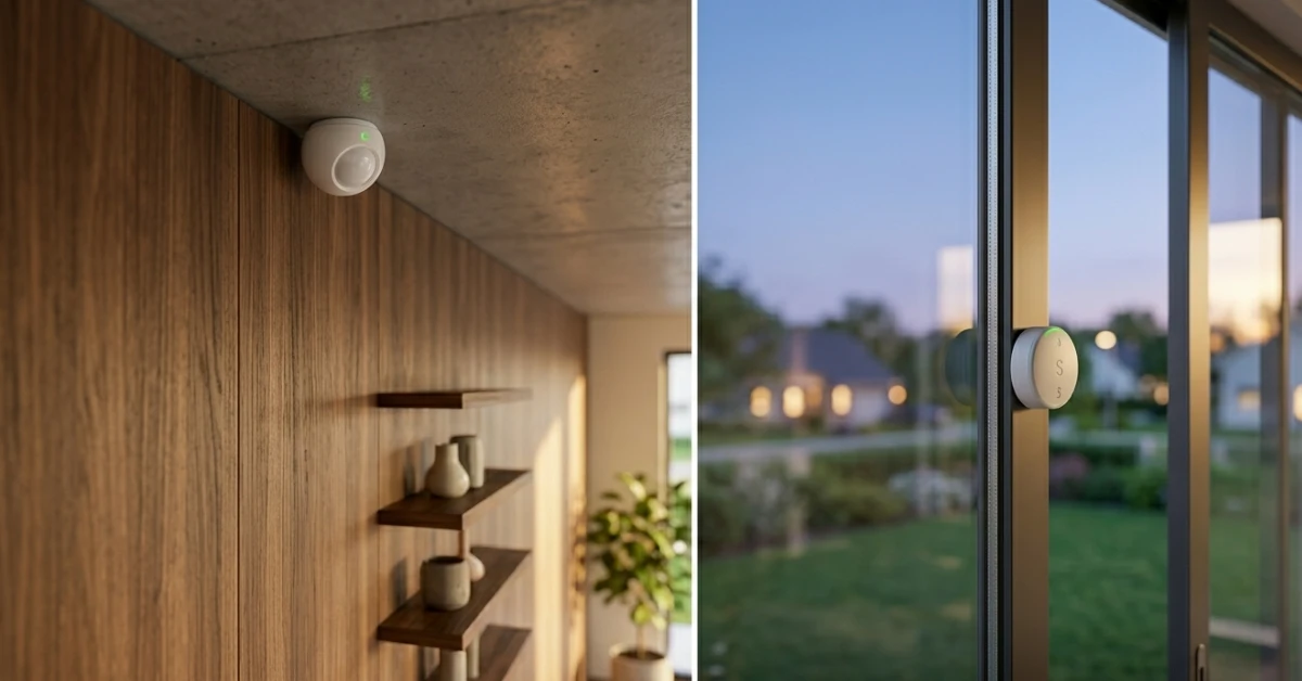 A creative split-view or detailed shot. On one side, a small, discreet wireless motion sensor is mounted in the corner of a room. On the other side, a smart window sensor is attached to a modern glass window. The lighting is soft evening light, showing a home that is "smart" and protected. The atmosphere is peaceful and secure, conveying the idea that the home is taking care of itself. High definition, sharp focus, professional interior design aesthetic.