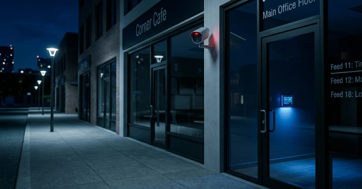 nighttime shot of a modern retail storefront or office building after hours. The street is quiet, but the building is protected by a visible security camera with a small red glowing "Active" light. A subtle blue light from a security panel is visible through the glass door. The image should feel secure yet alert, highlighting the importance of having a "watched" property versus a dark, abandoned one. High contrast, realistic night photography, sharp details.